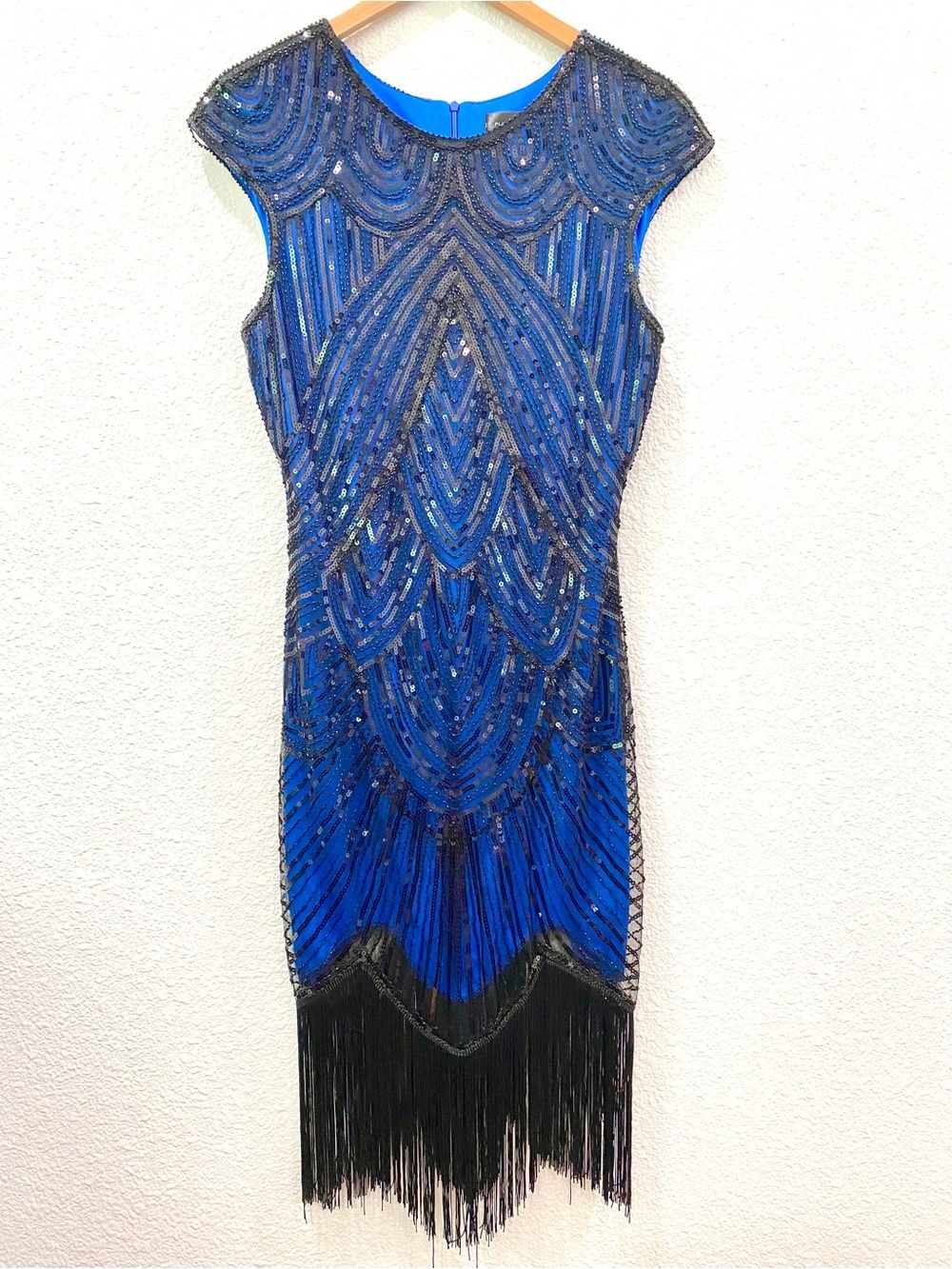 Fundaisy Dress Sequin Fringe Flapper Retro Inspired Party Blue and Black Size XL